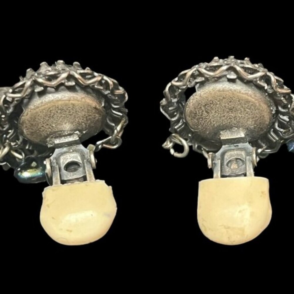 Vintage Banana Bob Silver Blue Iridescent Stone Starfish Dangle Clip On Earrings - Picture 9 of 11